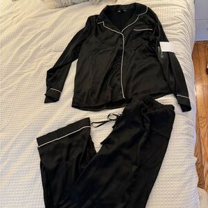 Macy's Black Satin Pajama Set with White Trim